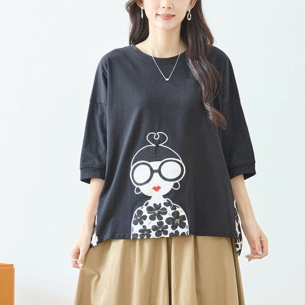 【M〜L】レトロガールプリント バックフラワーカットソー|異素材デザイン・ゆったりシルエット・TRUBE N13-320