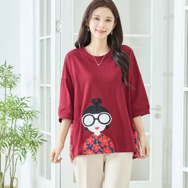 【M〜L】レトロガールプリント バックフラワーカットソー|異素材デザイン・ゆったりシルエット・TRUBE N13-320