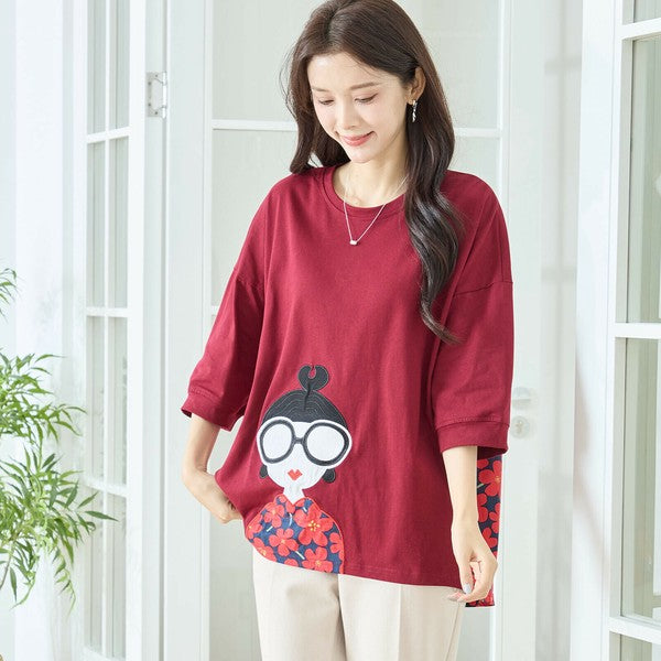 【M〜L】レトロガールプリント バックフラワーカットソー|異素材デザイン・ゆったりシルエット・TRUBE N13-320