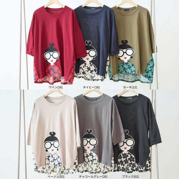 【M〜L】レトロガールプリント バックフラワーカットソー|異素材デザイン・ゆったりシルエット・TRUBE N13-320