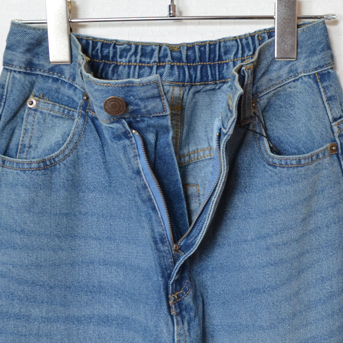 【S-XL】ハイウエストワイドデニムパンツ 綿100% 後ろゴム 脚長 美脚 ウォッシュ加工 Sans Souci 34+