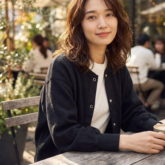 【フリー】ハニカムストレッチ袖ボリュームカーディガン 綿混 スナップボタン 肉厚 羽織り Sans Souci 34+