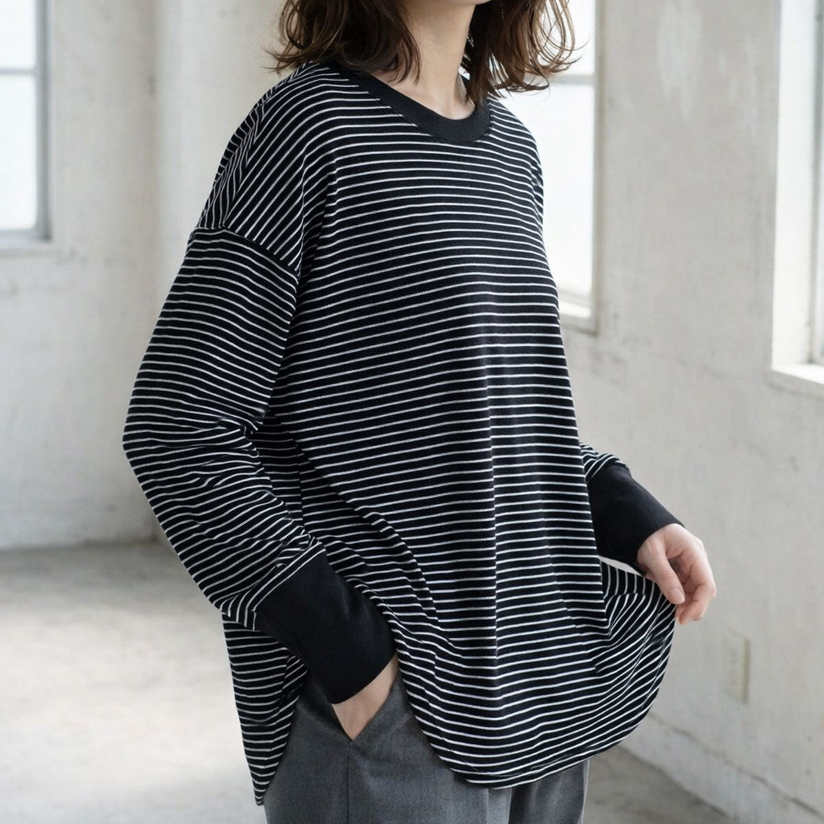 【フリー】リブ裾ラウンドプルオーバー 伸縮 ストレッチ ボーダー 長袖 重ね着 Sans Souci 34+