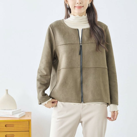 【L〜LL】フェイクスエードノーカラー ジャケット|軽やか上品・ジップ仕様・TRUBE C02-206
