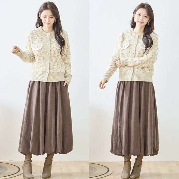 【M〜L】フェミニンツイード調ニットカーディガン|立体編み×パールボタン・大人上品な華やぎニット amie studio|N25-283B