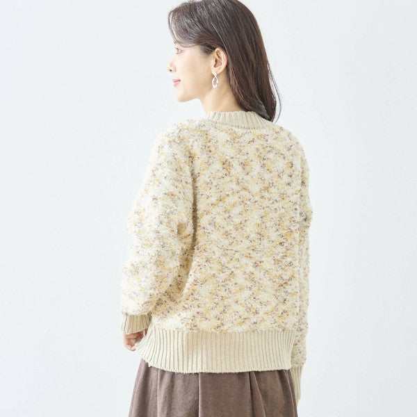 【M〜L】フェミニンツイード調ニットカーディガン|立体編み×パールボタン・大人上品な華やぎニット amie studio|N25-283B