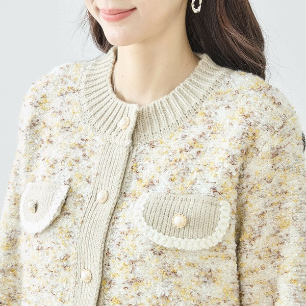 【M〜L】フェミニンツイード調ニットカーディガン|立体編み×パールボタン・大人上品な華やぎニット amie studio|N25-283B