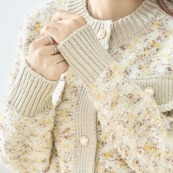 【M〜L】フェミニンツイード調ニットカーディガン|立体編み×パールボタン・大人上品な華やぎニット amie studio|N25-283B