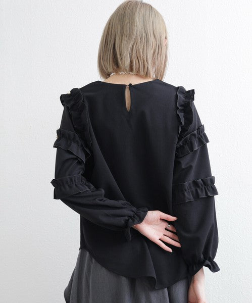 【M〜L】お袖フリルパール付T|フリル袖×パール装飾・上品可愛いブラウス風カットソー・長袖トップス 199923