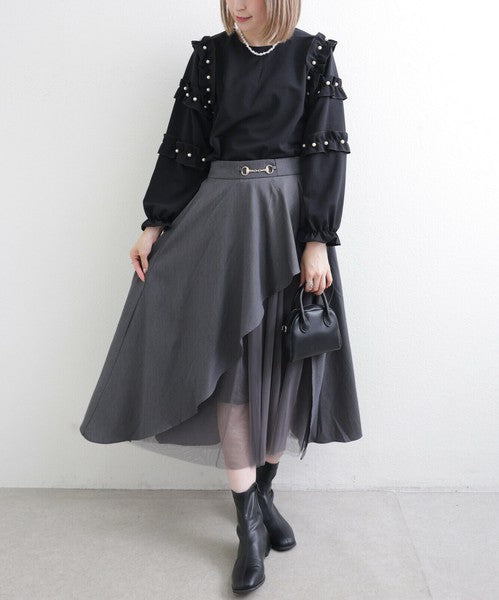 【M〜L】お袖フリルパール付T|フリル袖×パール装飾・上品可愛いブラウス風カットソー・長袖トップス 199923