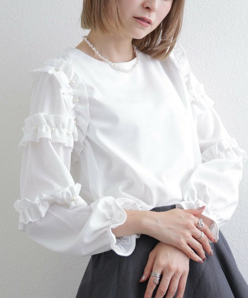 【M〜L】お袖フリルパール付T|フリル袖×パール装飾・上品可愛いブラウス風カットソー・長袖トップス 199923