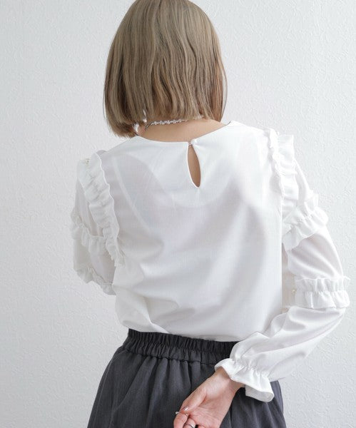 【M〜L】お袖フリルパール付T|フリル袖×パール装飾・上品可愛いブラウス風カットソー・長袖トップス 199923