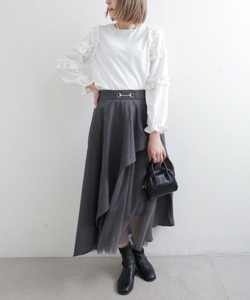 【M〜L】お袖フリルパール付T|フリル袖×パール装飾・上品可愛いブラウス風カットソー・長袖トップス 199923