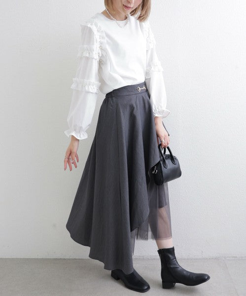 【M〜L】お袖フリルパール付T|フリル袖×パール装飾・上品可愛いブラウス風カットソー・長袖トップス 199923