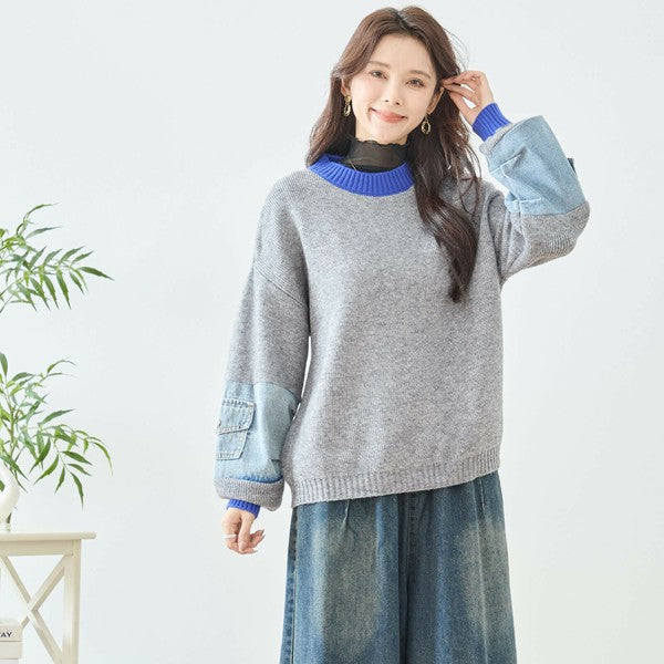 【M〜L】カラーネック×デニムスリーブニットトップス|配色リブ・体型カバー・大人カジュアル|TRUBE N15-258