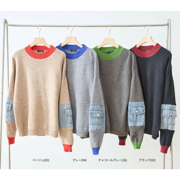 【M〜L】カラーネック×デニムスリーブニットトップス|配色リブ・体型カバー・大人カジュアル|TRUBE N15-258