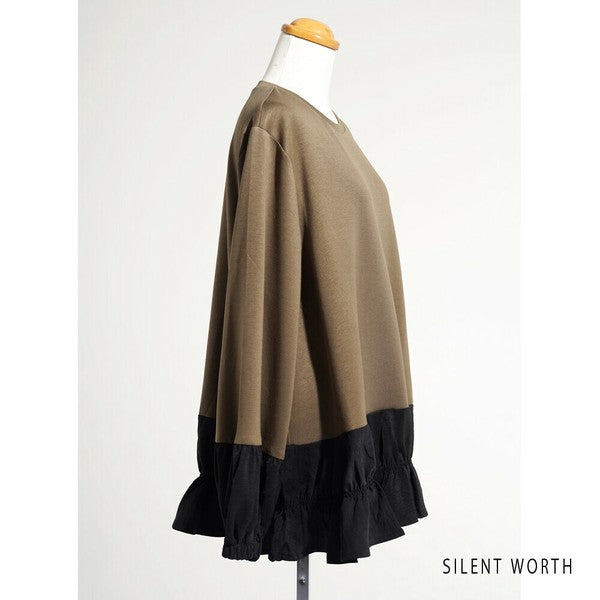【Mサイズ】配色シャーリングプルオーバー|異素材切替・裾フリル・SILENT WORTH N-3204