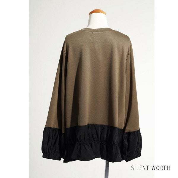 【Mサイズ】配色シャーリングプルオーバー|異素材切替・裾フリル・SILENT WORTH N-3204