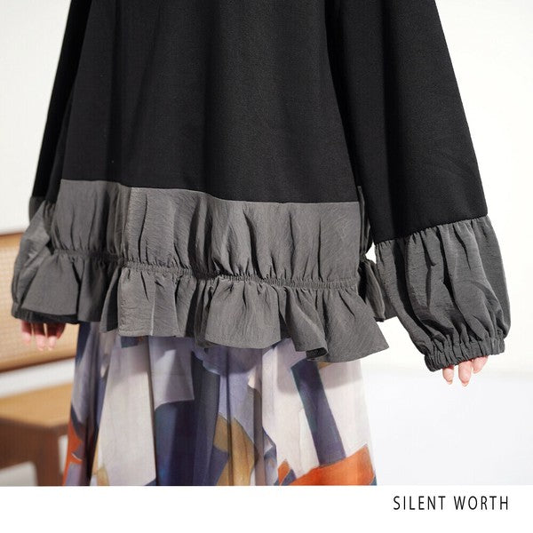 【Mサイズ】配色シャーリングプルオーバー|異素材切替・裾フリル・SILENT WORTH N-3204