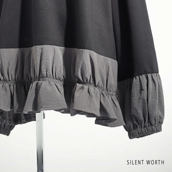 【Mサイズ】配色シャーリングプルオーバー|異素材切替・裾フリル・SILENT WORTH N-3204
