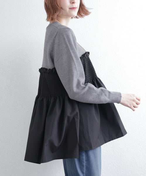 【M〜L】異素材切替 ギャザーニット|ペプラム風シルエット・体型カバー・長袖トップス・chouchou 201797