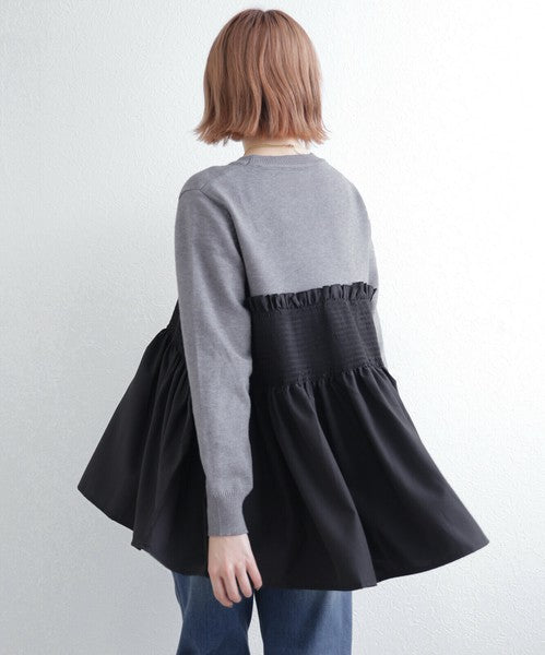 【M〜L】異素材切替 ギャザーニット|ペプラム風シルエット・体型カバー・長袖トップス・chouchou 201797