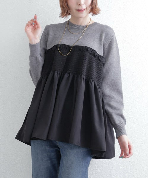 【M〜L】異素材切替 ギャザーニット|ペプラム風シルエット・体型カバー・長袖トップス・chouchou 201797