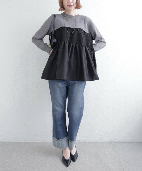 【M〜L】異素材切替 ギャザーニット|ペプラム風シルエット・体型カバー・長袖トップス・chouchou 201797