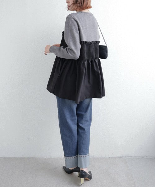 【M〜L】異素材切替 ギャザーニット|ペプラム風シルエット・体型カバー・長袖トップス・chouchou 201797