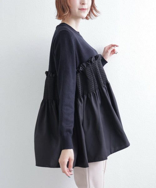 【M〜L】異素材切替 ギャザーニット|ペプラム風シルエット・体型カバー・長袖トップス・chouchou 201797