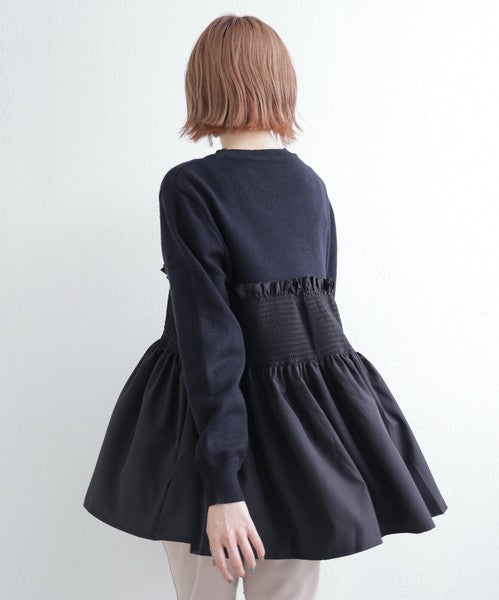 【M〜L】異素材切替 ギャザーニット|ペプラム風シルエット・体型カバー・長袖トップス・chouchou 201797