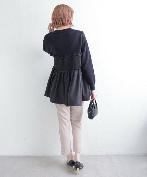 【M〜L】異素材切替 ギャザーニット|ペプラム風シルエット・体型カバー・長袖トップス・chouchou 201797