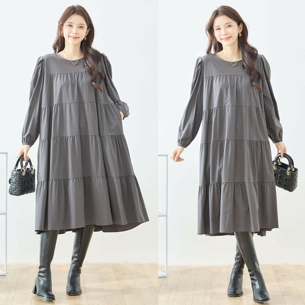 【M〜L】ティアードロングワンピース|落ち感素材・体型カバー・タックスリーブ・amie studio N82-424
