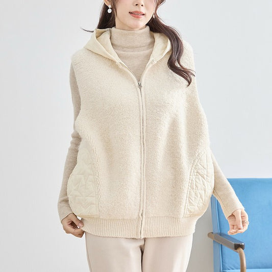 【M〜L】星柄キルティングブークレニットベスト|TRUBE レディース フード付き 異素材切替 ジップ 前開き N35-025A