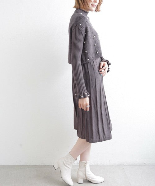 【M~L】パールベスト付きニットワンピース|上品フレア袖×レイヤードデザイン 522100 ChouChou 秋冬新作