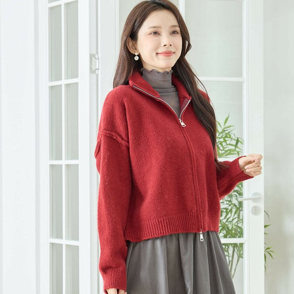【M〜L】ダブルジップアップニットジャケット|軽やかニットアウター・ショート丈・reve bleu N25-274