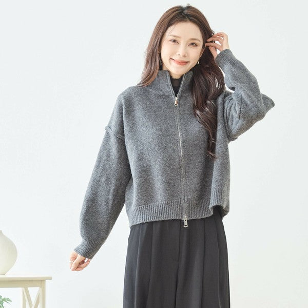 【M〜L】ダブルジップアップニットジャケット|軽やかニットアウター・ショート丈・reve bleu N25-274