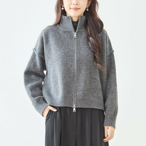【M〜L】ダブルジップアップニットジャケット|軽やかニットアウター・ショート丈・reve bleu N25-274