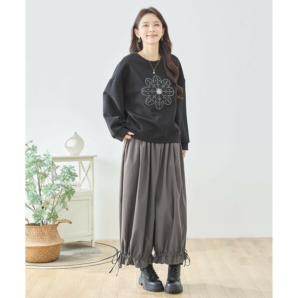【L〜LL】フラワービジュ刺繍スウェットプルオーバー|華やかモチーフ×ゆったり体型カバー・TRUBE N12-884