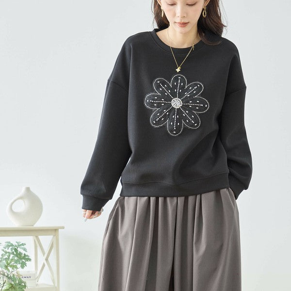 【L〜LL】フラワービジュ刺繍スウェットプルオーバー|華やかモチーフ×ゆったり体型カバー・TRUBE N12-884