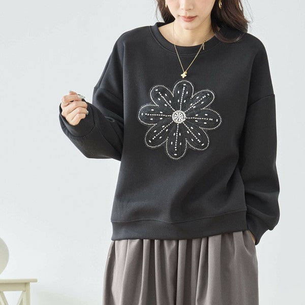 【L〜LL】フラワービジュ刺繍スウェットプルオーバー|華やかモチーフ×ゆったり体型カバー・TRUBE N12-884