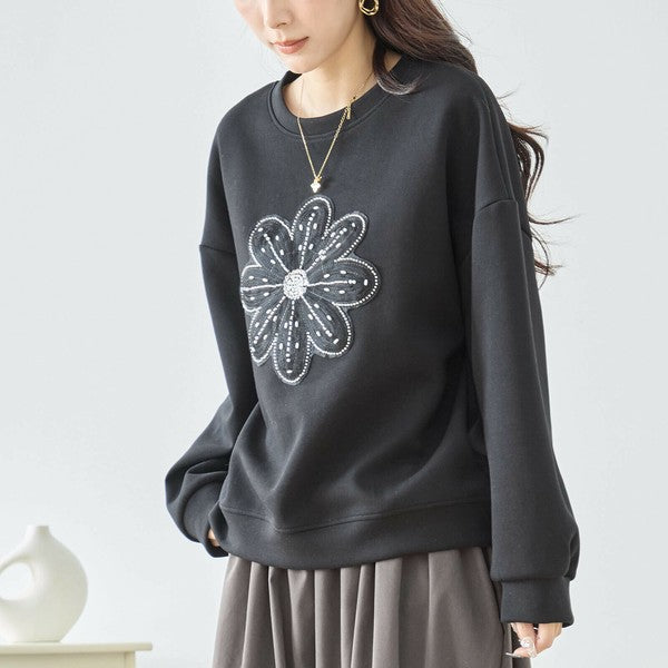 【L〜LL】フラワービジュ刺繍スウェットプルオーバー|華やかモチーフ×ゆったり体型カバー・TRUBE N12-884