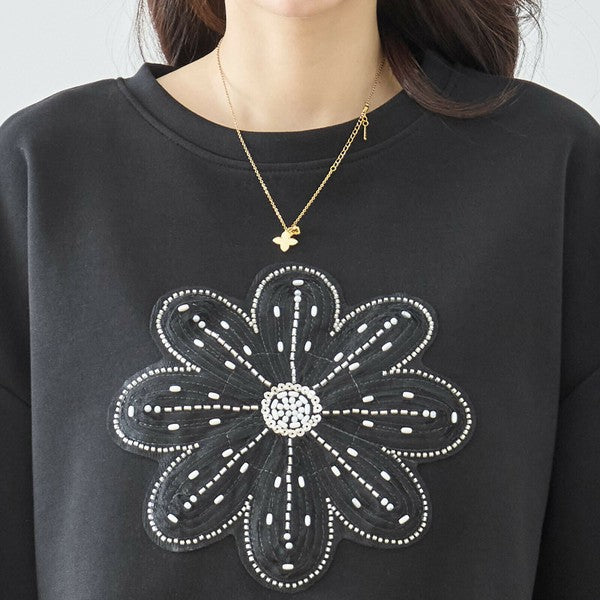 【L〜LL】フラワービジュ刺繍スウェットプルオーバー|華やかモチーフ×ゆったり体型カバー・TRUBE N12-884