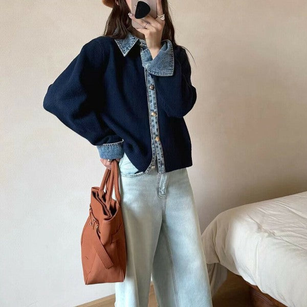 【M〜L】デニム切替・襟付きヴィンテージ風ニットカーディガン|異素材×大人カジュアル・秋冬防寒・13942453