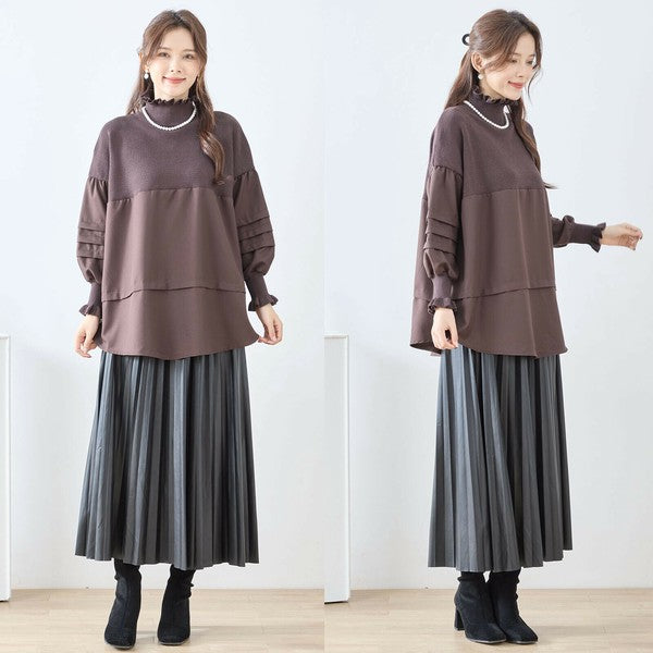 【M〜L】ニット×布帛ドッキングプルオーバー|異素材切替・フリルネック・秋冬トップス|C31-1451B