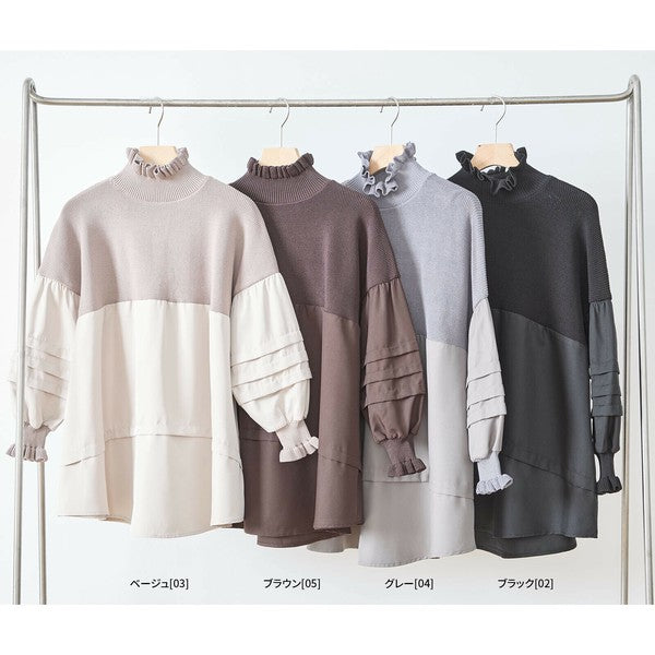 【M〜L】ニット×布帛ドッキングプルオーバー|異素材切替・フリルネック・秋冬トップス|C31-1451B