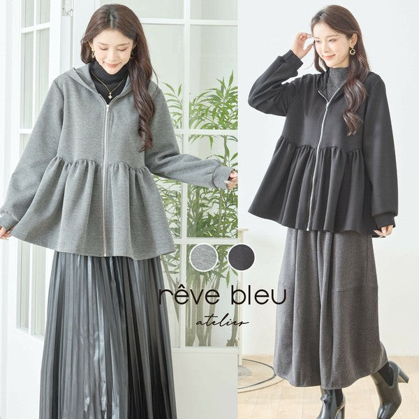 【M〜L】フレアフーディジップパーカー|ウエスト切替・軽やかペプラムライン・reve bleu N22-216