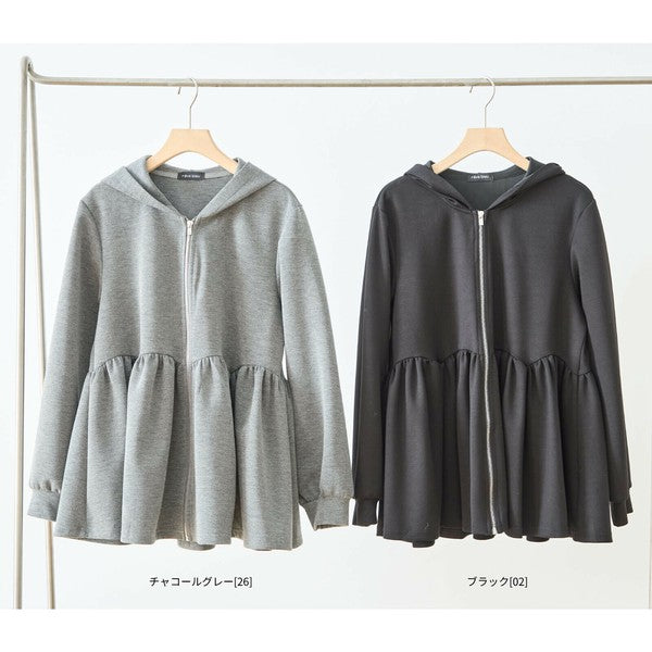 【M〜L】フレアフーディジップパーカー|ウエスト切替・軽やかペプラムライン・reve bleu N22-216
