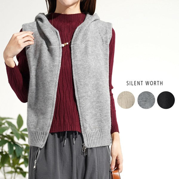 【Mサイズ】フード付ジップアップニットベスト|重ね着しやすいショート丈・SILENT WORTH Y-0177