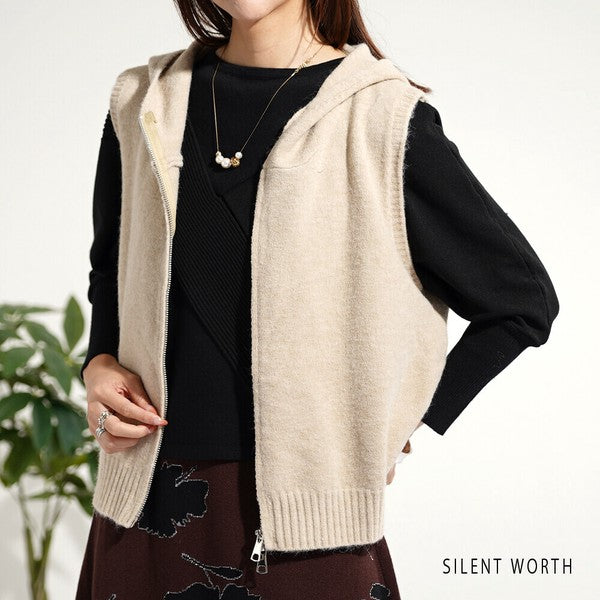 【Mサイズ】フード付ジップアップニットベスト|重ね着しやすいショート丈・SILENT WORTH Y-0177